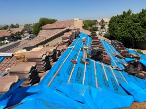 A photo from on top of a residential tile roofing project.